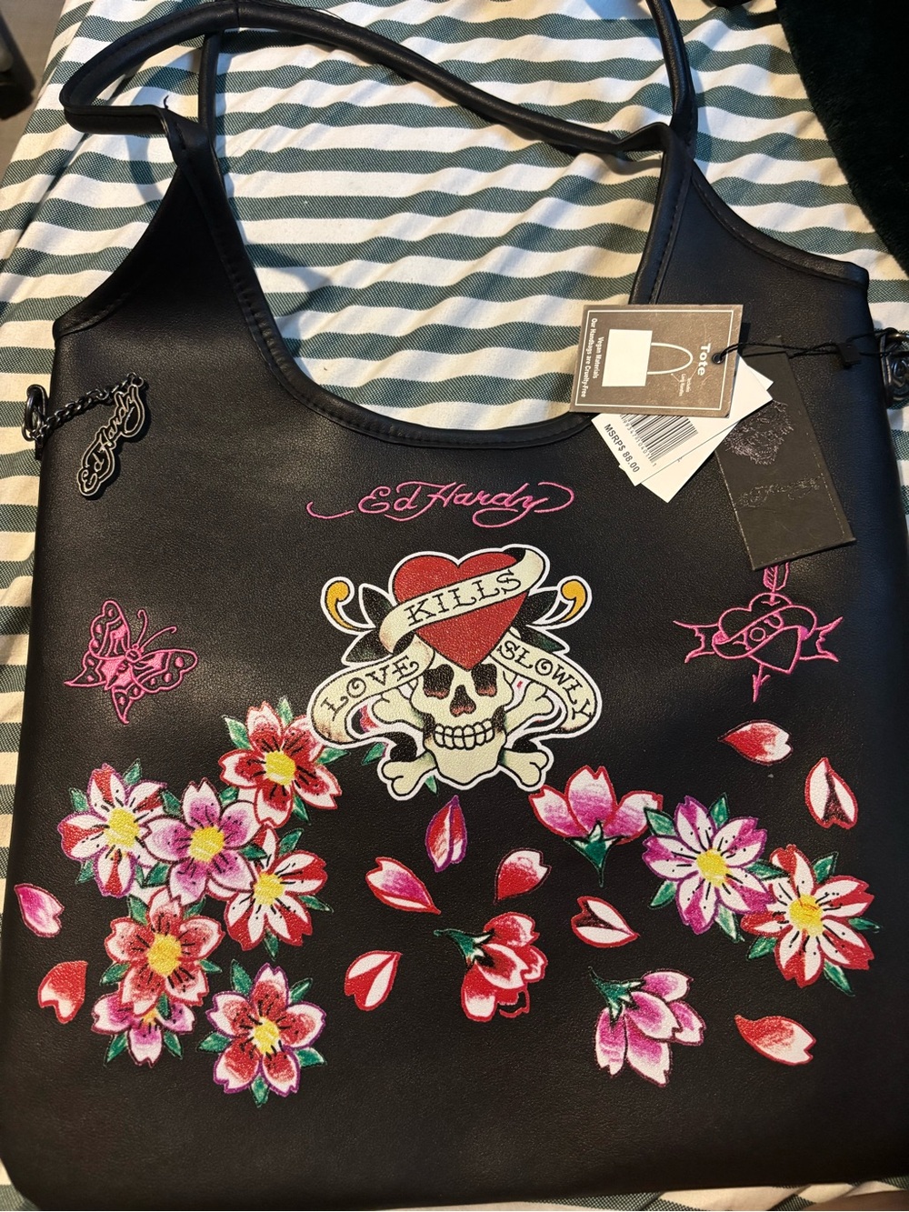 Ed Hardy Black Floral Skull Tote with Pink Accents